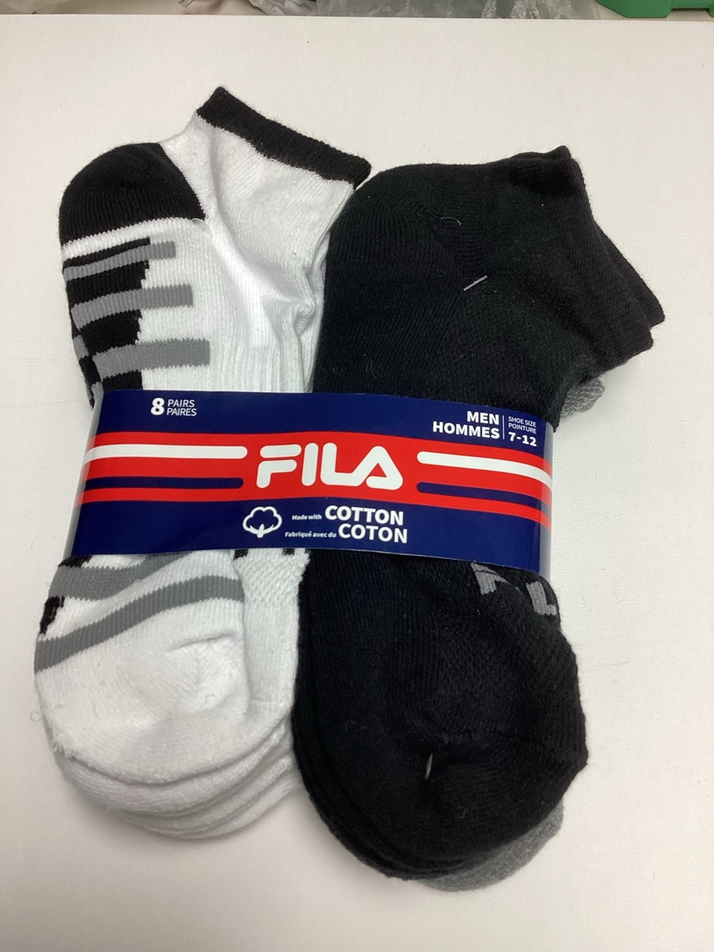 NWT FILA Men’s Black & White Athletic Cotton Low-cut Socks - 8 Pack,Size 7-12